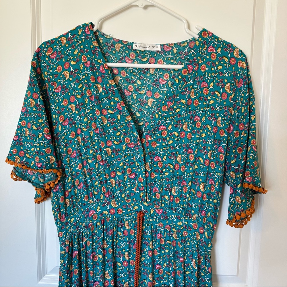 Cotton Boho Floral Maxi Dress | Tassel Tie Waist | Size Medium - Picture 5 of 12